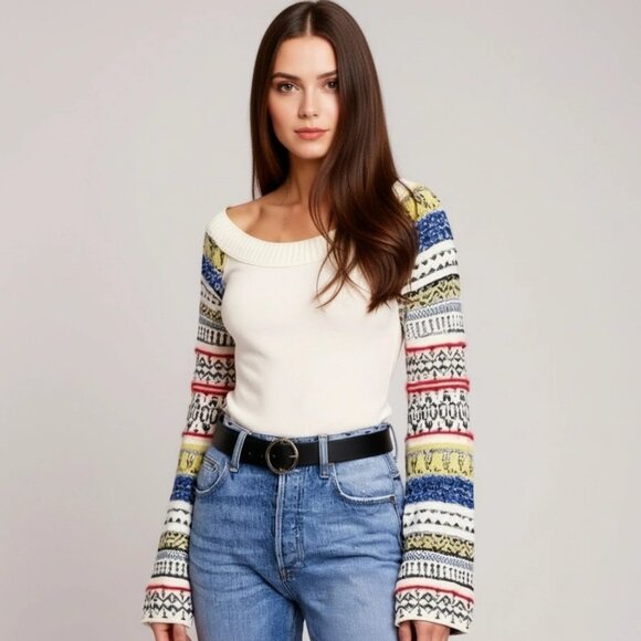 Free People Ivory Thermal Sweater Crop Boho Aztec Printed Long Sleeves Size XS - Picture 1 of 9